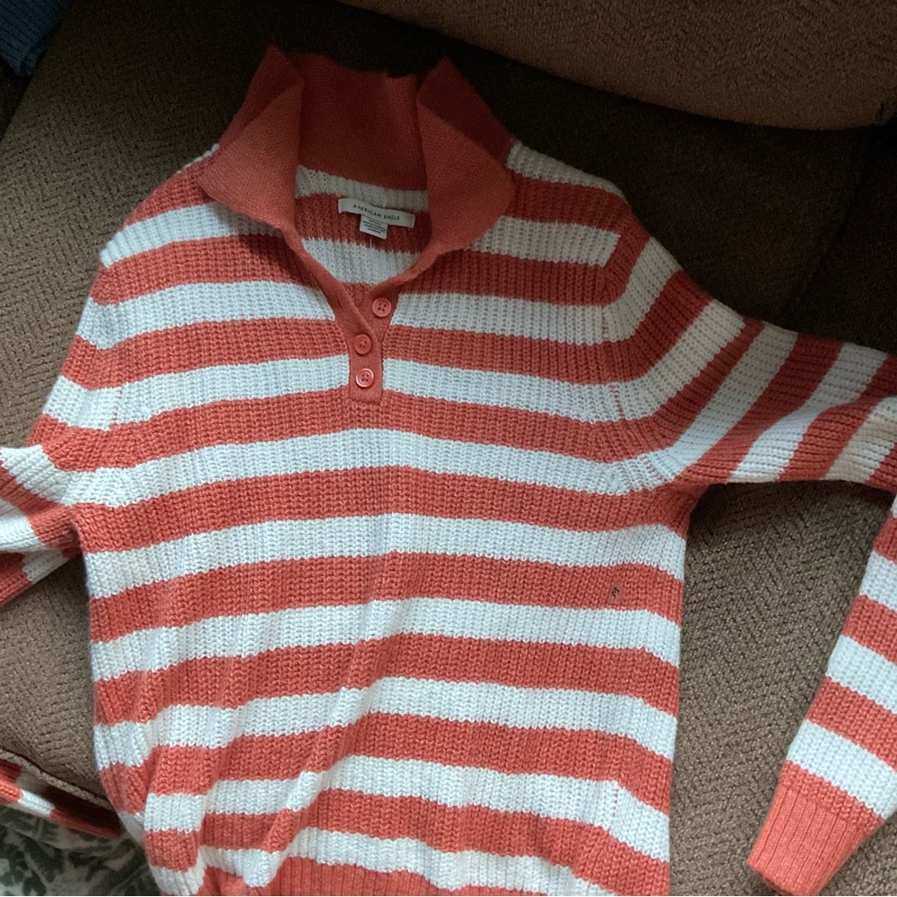 American eagle orange striped knit polo sweater